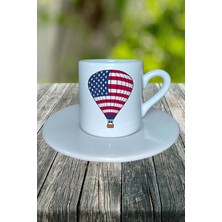 Amerika Ülke Bayrağı Bayrak Baskılı Türk Kahvesi Fincanı Tabaklı Kişiye Özel Model 4