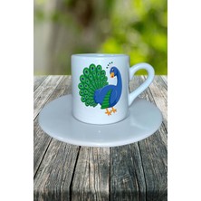 Tavus Kuşu Baskılı Türk Kahvesi Fincanı Tabaklı Kişiye Özel Model 7