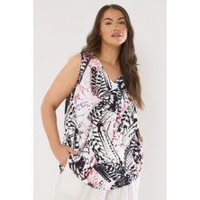 Büyük Beden V Yaka Sıfır Kol Desenli Asimetrik Kesim T-Shirt 616291