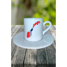 Norveç  Ülke Bayrağı Bayrak Baskılı Türk Kahvesi Fincanı Tabaklı Kişiye Özel Model 1