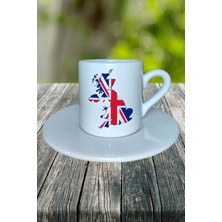 Ingiltere Ülke Bayrağı Bayrak Baskılı Türk Kahvesi Fincanı Tabaklı Kişiye Özel Model 1