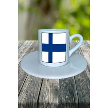 Finlandiya Ülke Bayrağı Bayrak Baskılı Türk Kahvesi Fincanı Tabaklı Kişiye Özel Model 2