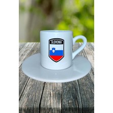 Slovenya Ülke Bayrağı Bayrak Baskılı Türk Kahvesi Fincanı Tabaklı Kişiye Özel Model 2