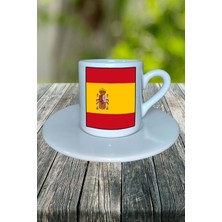 Ispanya Ülke Bayrağı Bayrak Baskılı Türk Kahvesi Fincanı Tabaklı Kişiye Özel Model 1