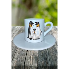 Penguen Baskılı Türk Kahvesi Fincanı Tabaklı Kişiye Özel Model 2