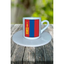Moğolistan Ülke Bayrağı Bayrak Baskılı Türk Kahvesi Fincanı Tabaklı Kişiye Özel Model 1