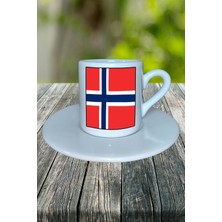 Norveç  Ülke Bayrağı Bayrak Baskılı Türk Kahvesi Fincanı Tabaklı Kişiye Özel Model 2