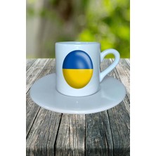 Ukrayna Ülke Bayrağı Bayrak Baskılı Türk Kahvesi Fincanı Tabaklı Kişiye Özel Model 1