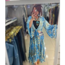 Italyan Mavi Renk Etnik Desen Ipek Etek-Bluz Takım