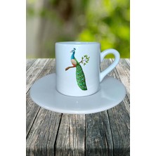 Tavus Kuşu Baskılı Türk Kahvesi Fincanı Tabaklı Kişiye Özel Model 1