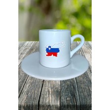 Slovenya Ülke Bayrağı Bayrak Baskılı Türk Kahvesi Fincanı Tabaklı Kişiye Özel Model 3