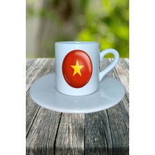 Vietnam Ülke Bayrağı Bayrak Baskılı Türk Kahvesi Fincanı Tabaklı Kişiye Özel Model 1