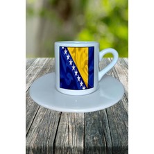 Bosna Hersek Ülke Bayrağı Bayrak Baskılı Türk Kahvesi Fincanı Tabaklı Kişiye Özel Model 2