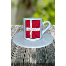 Danimarka Ülke Bayrağı Bayrak Baskılı Türk Kahvesi Fincanı Tabaklı Kişiye Özel Model 3