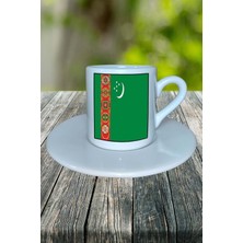 Türkmenistan Ülke Bayrağı Bayrak Baskılı Türk Kahvesi Fincanı Tabaklı Kişiye Özel Model 1