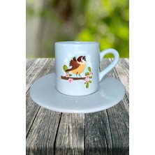 Serçe Baskılı Türk Kahvesi Fincanı Tabaklı Kişiye Özel Model 3