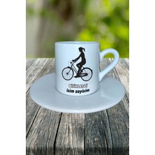 Bisikletçi Meslek Baskılı Türk Kahvesi Fincanı Tabaklı Kişiye Özel Model 2