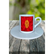 Kırgızistan Ülke Bayrağı Bayrak Baskılı Türk Kahvesi Fincanı Tabaklı Kişiye Özel Model 2