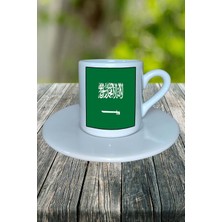 Suudi Arabistan Ülke Bayrağı Bayrak Baskılı Türk Kahvesi Fincanı Tabaklı Kişiye Özel Model 3