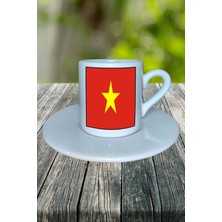 Vietnam Ülke Bayrağı Bayrak Baskılı Türk Kahvesi Fincanı Tabaklı Kişiye Özel Model 2