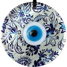 Nazar Boncuklu Yaprak Desenli Gümüş Rengi Füzyon Cam El Yapımı 12 cm Duvar Süsü Nazarlık Hediyelik Eşya