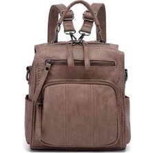 21K Barcelona Yıkama Deri Sırt Askılı Kadın Çantası Açık Vizon - Kahve 6 Bölmeli Dayanıklı Tasarım