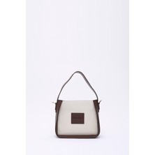 Kahve Rengi SHK176 Suni Deri Detaylı, Tek Bölmeli, Fermuarlı, Kanvas El, Kol ve Omuz Çantası