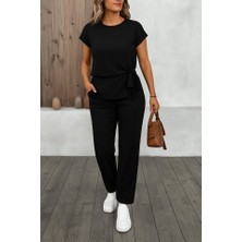 Tiana Kadın Kısa Kollu Bisiklet Yaka Yandan Bağlamalı Bürümcük Bluz ve Pantolon Ikili Takım