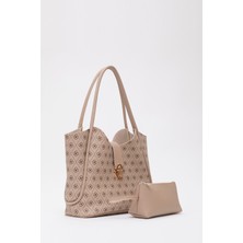 Monogram Baskılı Vizon SHK126 Suni Deri Kilit Detaylı Makyaj Çantalı El,kol ve Omuz Çantası