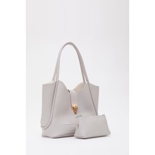 Gri SHK126 Suni Deri Kilit Detaylı Makyaj Çantalı El,kol ve Omuz Çantası