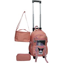 2 Kademeli Çekcekli Tekerlekli Karekter Desenli Portatif 3'lü Set Pembe Ilkokul Sırt Çantası 40-28*18 cm