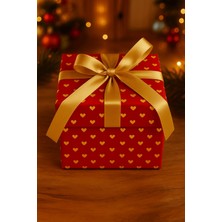 Kırmızı Gold Hediye Kutusu Kırmızı Kalpli Hediye Paketi - Yılbaşı Süsü- Kurdele Dahil 1AD