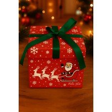 Yılbaşı Hediye Kutusu Kırmızı Noel Baba Geyikli - Hediye Paketi - Yılbaşı Süsü - Kurdele Dahil