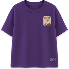 Palmiye Gün Batımı Baskılı Mor Oversize Tişört