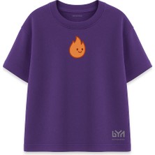 Gülümseyen Alev Damlası Karakterli Mor Oversize Tişört