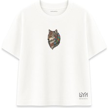 Renkli Tüy Detaylı Bozkurt Portre Beyaz Oversize Tişört