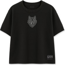 Göktürk Motifli Gümüş Bozkurt Kafası Siyah Oversize Tişört