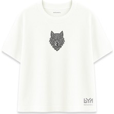 Göktürk Motifli Gümüş Bozkurt Kafası Ekru Oversize Tişört