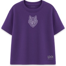 Göktürk Motifli Gümüş Bozkurt Kafası Mor Oversize Tişört