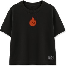 Gülümseyen Alev Damlası Karakterli Siyah Oversize Tişört