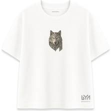 Etnik Desenli Bozkurt Portre Beyaz Oversize Tişört