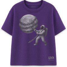 Zincirli Ay Astronot Tasarımlı Mor Oversize Tişört