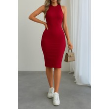 Gökyüzü Moda Kadın Omuzlardan Açık Bisiklet Yaka Janjan Krep Elbise