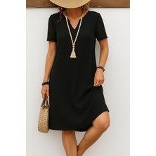 Gökyüzü Moda Kadın Kısa Kollu V Yakalı Kısa Janjan Krep Elbise