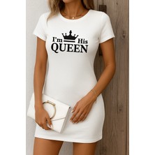 Arben Boutique Kadın Kısa Kollu Queen Baskı Iki Iplik Mini Elbise