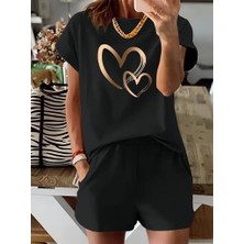 Gökyüzü Moda Kadın Kısa Kollu Bisiklet Yaka Viskon Iki Iplik Bluz ve Short Ikili Takım