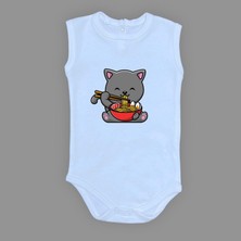 Yemek Yiyen Kedi Baskılı Bebek Çıtçıtlı Body Uzun Kısa Kolsuz M00690 Açık Mavi