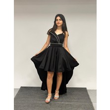 Butik Happy Kids Kız Çocuk Abiye Siyah Saten Asimetrik Yaka  Taş Kordon Detaylı Askılı Önü Kısa Kuyruklu Abiye Elbise 10-15 Yaş