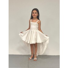Kız Çocuk Abiye Krem Saten Kuyruklu Yaka Şerit Taşlı  Abiye Elbise 5-10 Yaş
