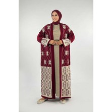 Bym Fashion Yaprak Desenli Uzun Triko Hırka 18166 Bordo